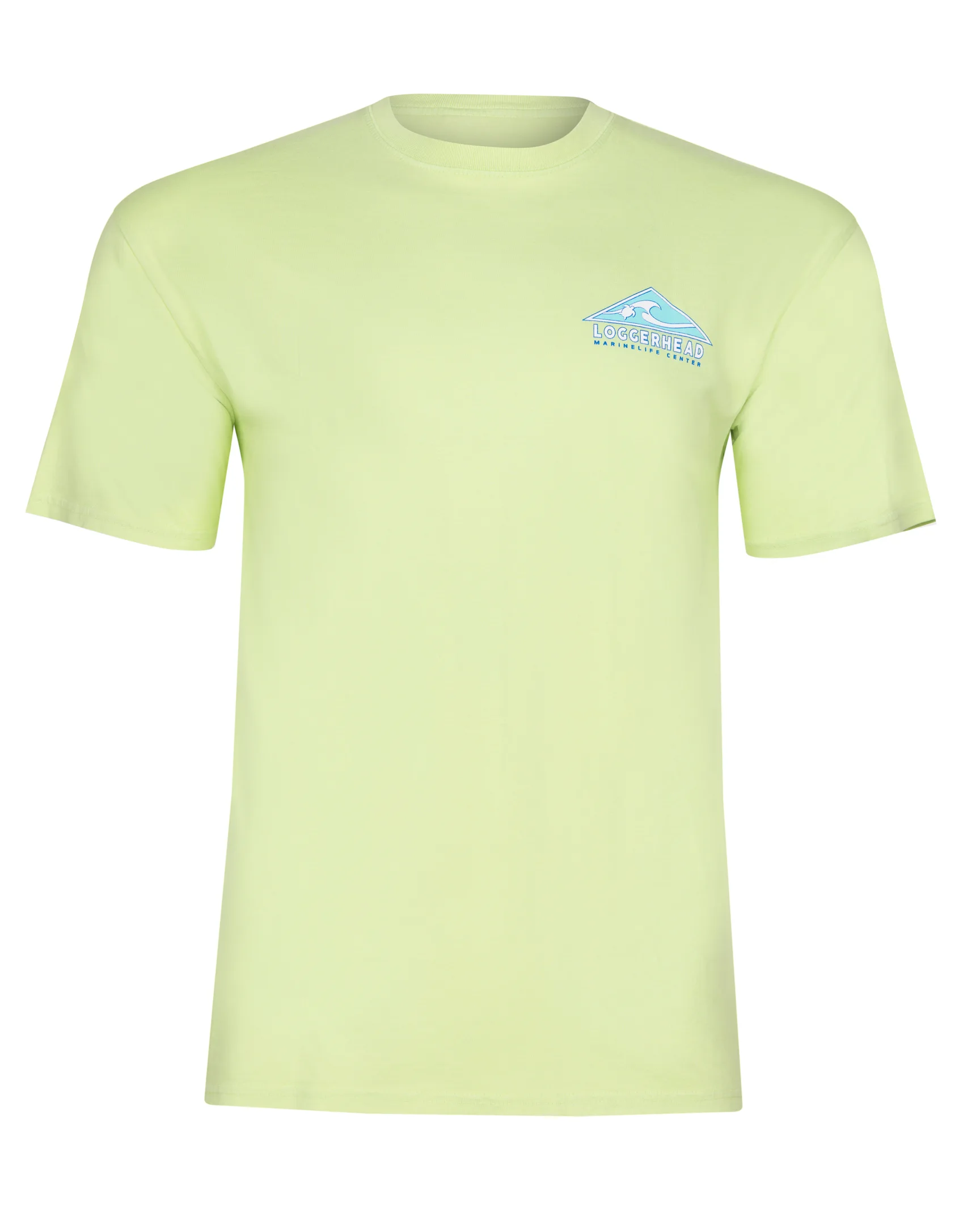 Light green t-shirt with a small blue logo on the chest.