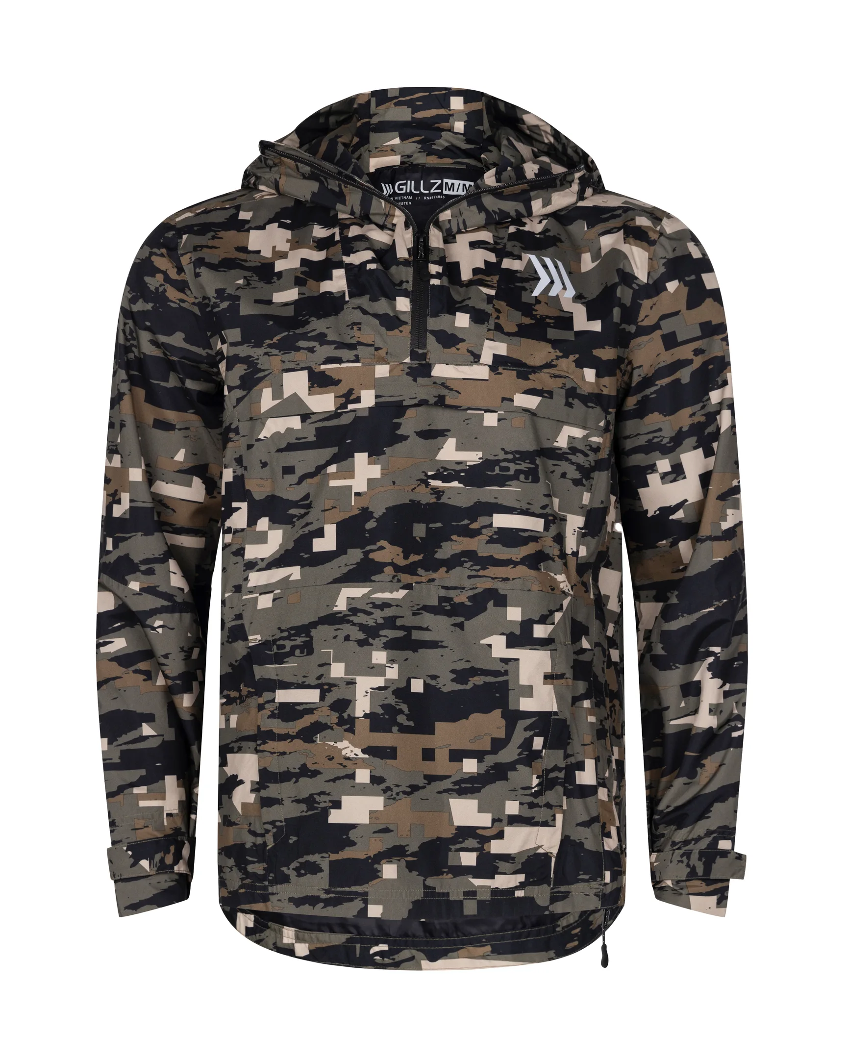 Camo-patterned hooded jacket with front zipper and long sleeves.